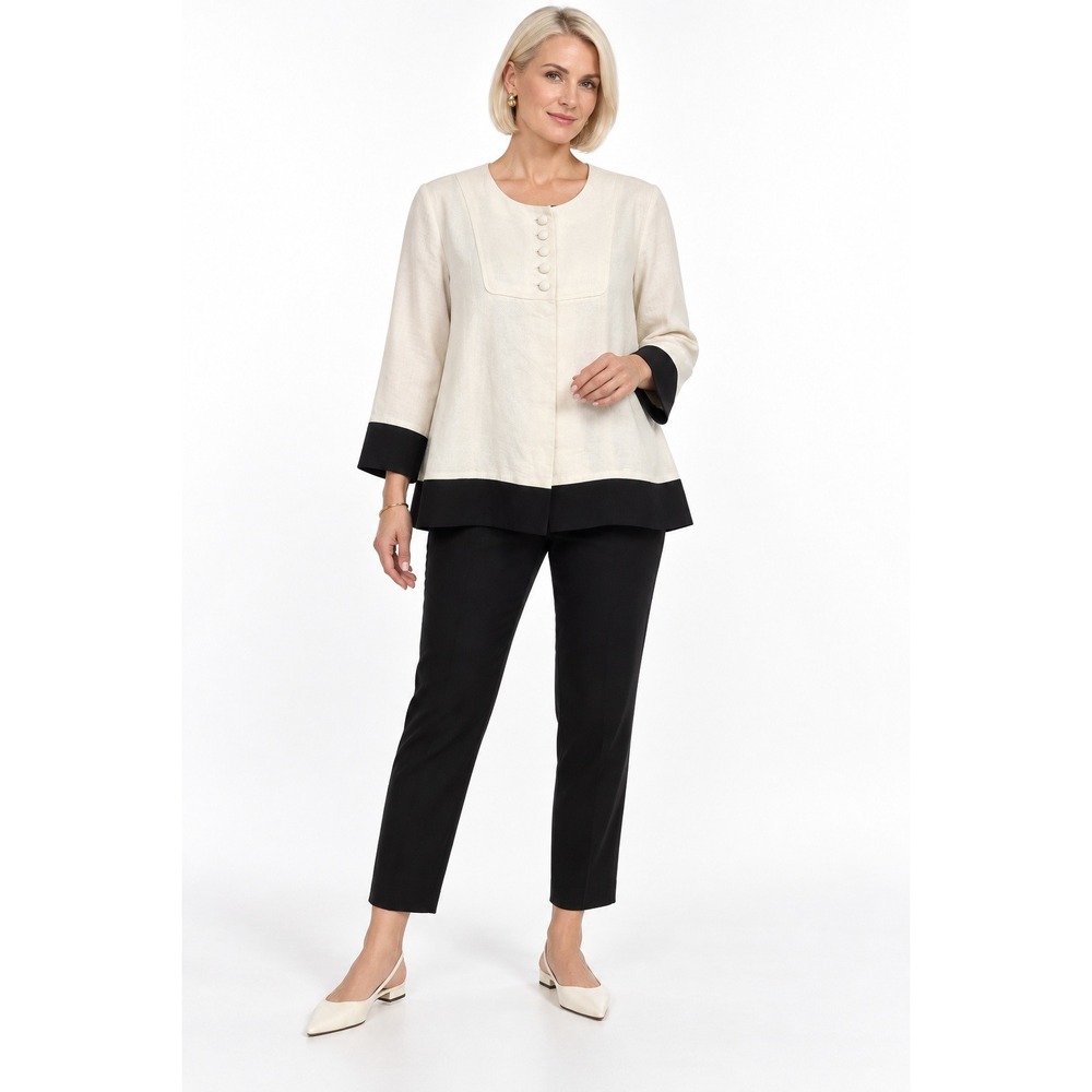 100% Linen Swing Jacket 14 Ivory Black Contrast Trim Covered Buttons Resort Mod